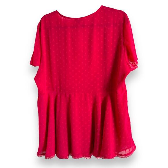 Torrid Womens Blouse 2 2X 18 20 Viva Magenta Peplum Chiffon Clip Dot Lace Inset - Picture 7 of 9